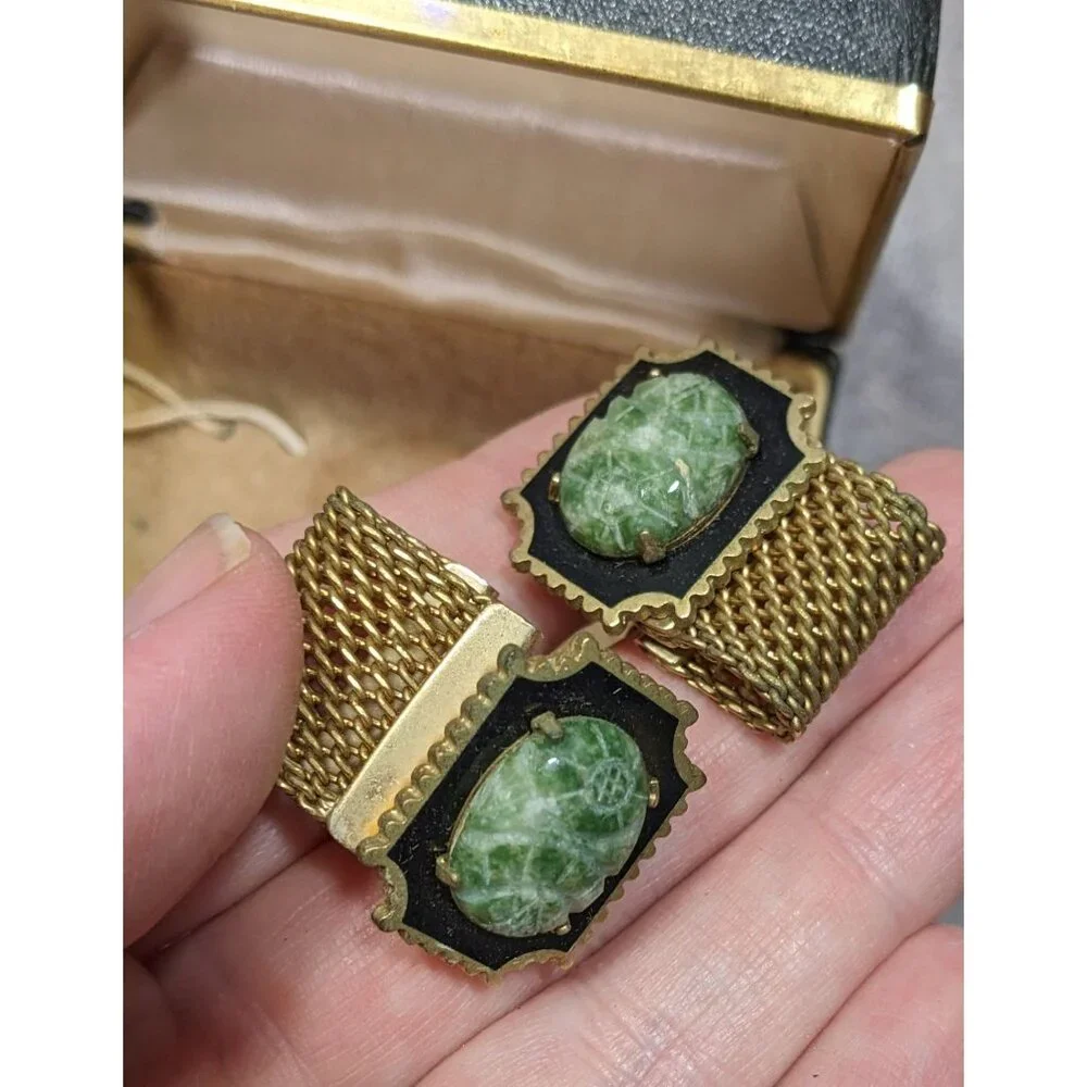 Vintage Anson Egyptian Revival Hand Carved Jade Scarab Cufflinks